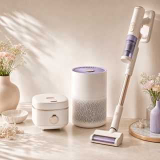 Modern home appliances including a cordless vacuum, air purifier, and compact appliance on a warm neutral background