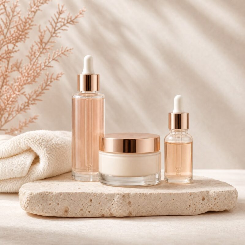 Premium skincare ritual products arranged in a warm ivory editorial setting