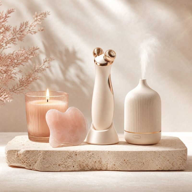 Premium wellness beauty devices arranged in a warm ivory editorial setting